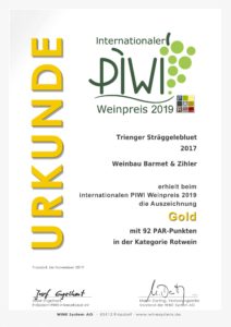 PIWI Weinpreis 2019 GOLD - Trienger Sträggelebluet 2017