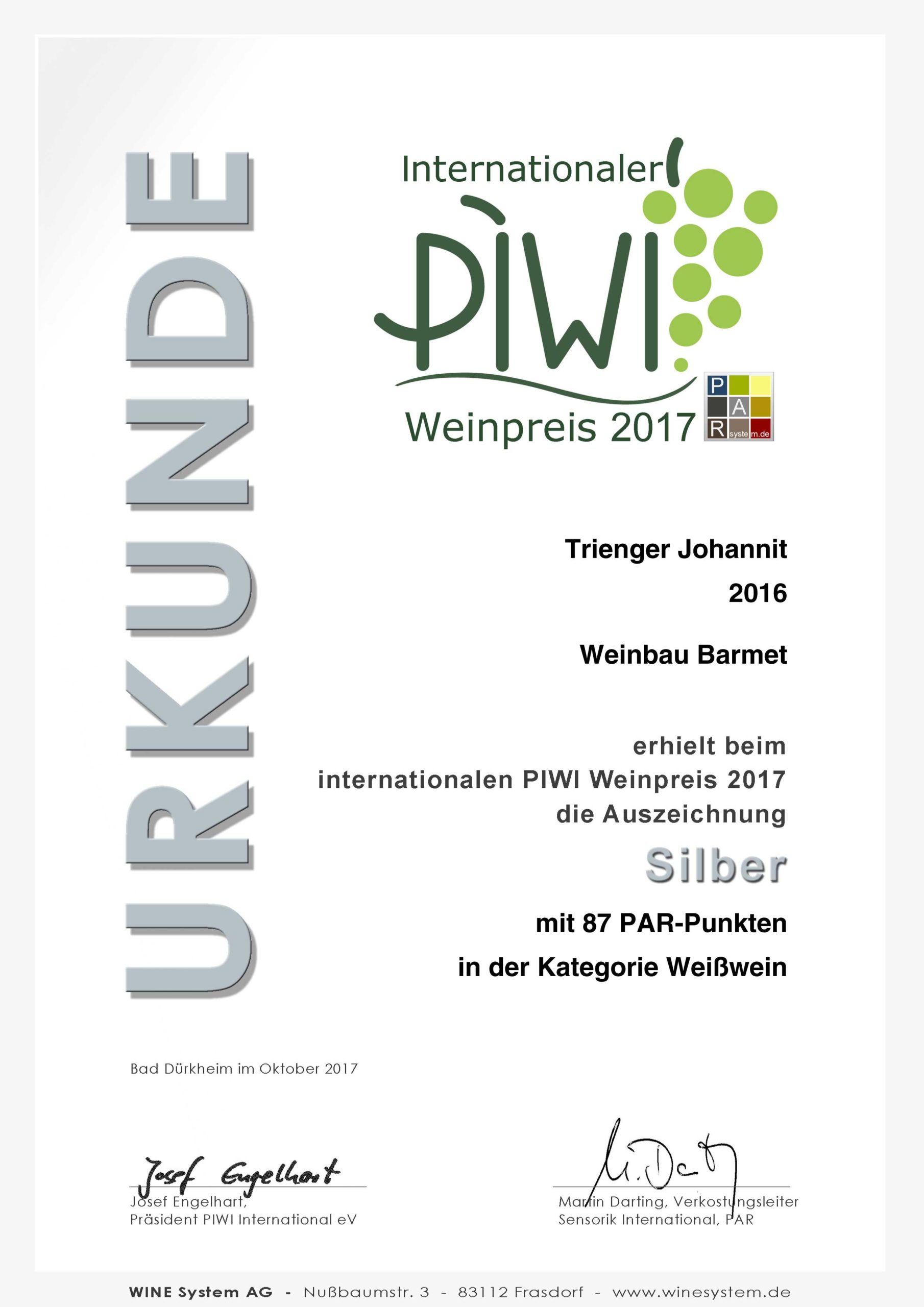 PIWI Weinpreis 2017 SILBER - Trienger Johannit 2016