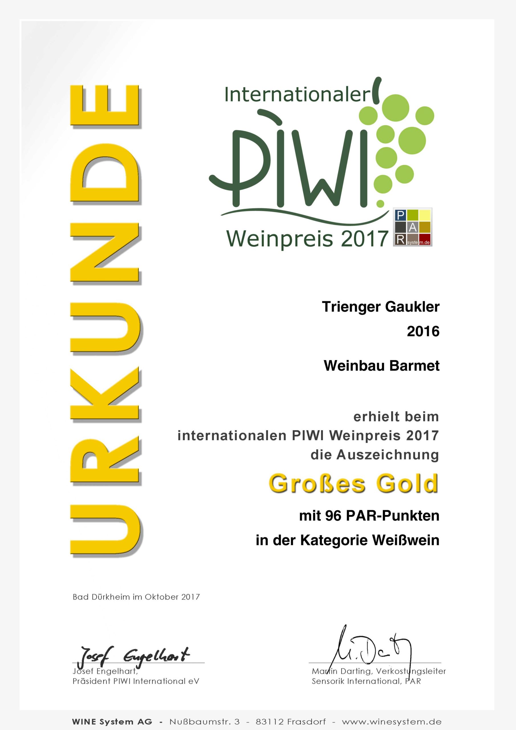 PIWI Weinpreis 2017 GOLD - Trienger Gaukler 2016