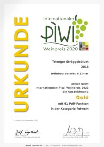 PIWI Weinpreis 2020 GOLD - Trienger Sträggelebluet 2018